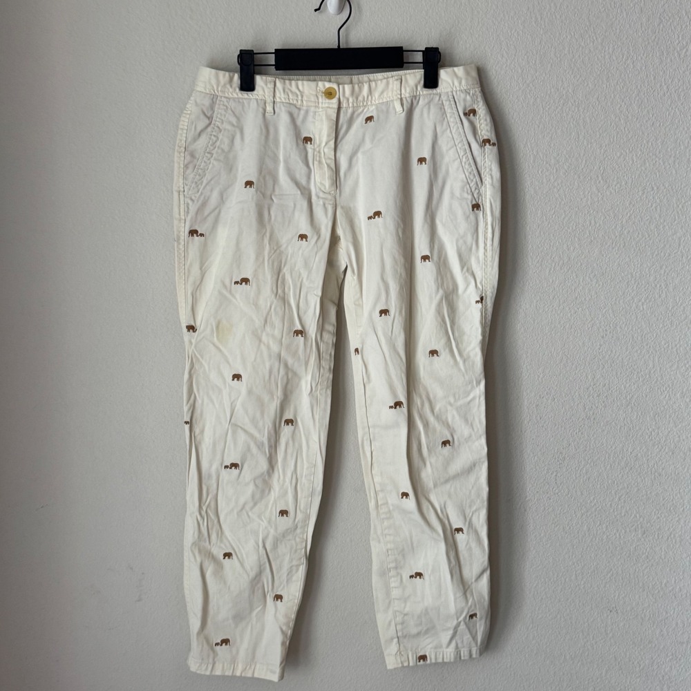 Talbots Womens Ivory Relaxed Chino Pants Embroidered Elephant Print Size 6